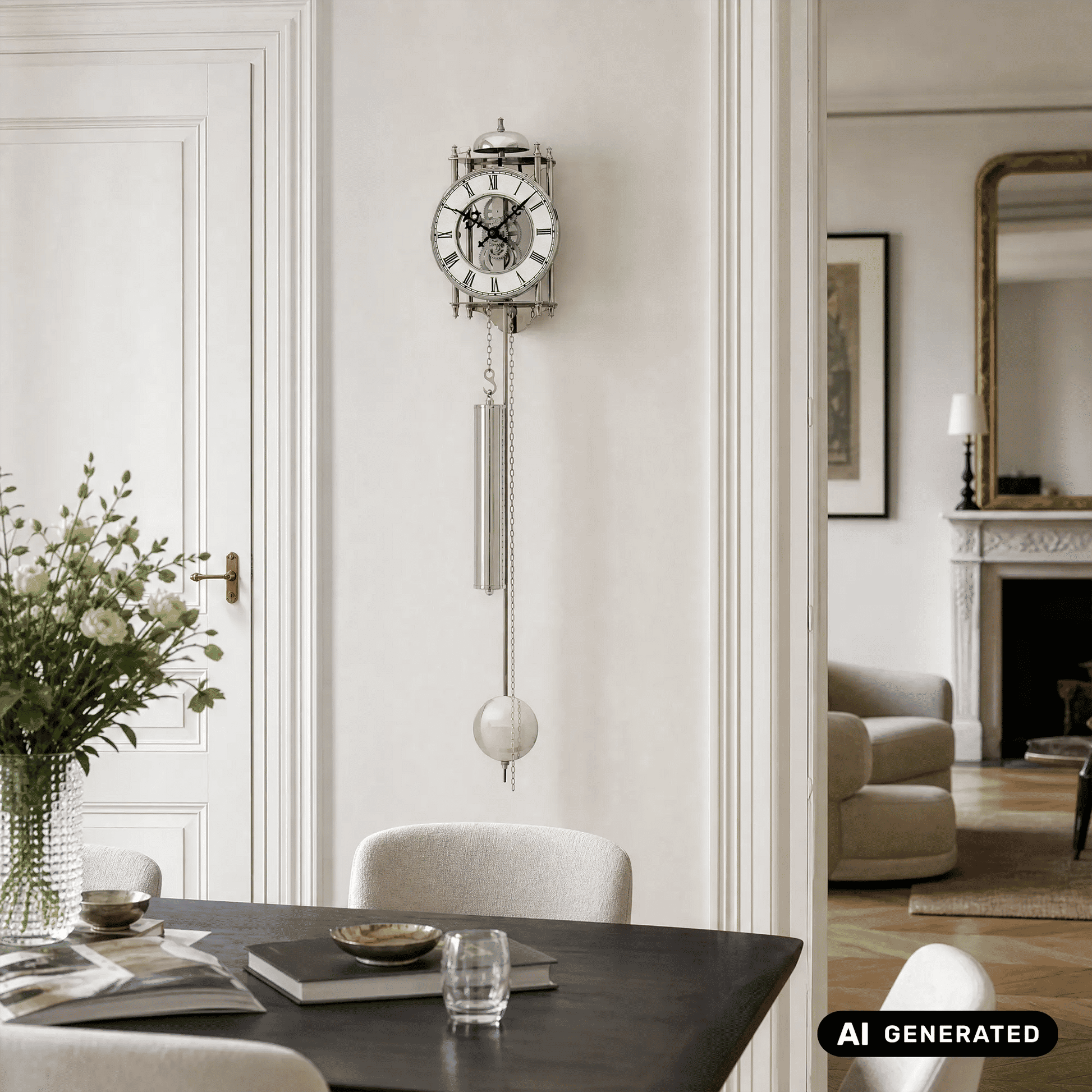 Pendeluhr mit rundem Aluminium-Ziffernring, Kette und Pendelkugel