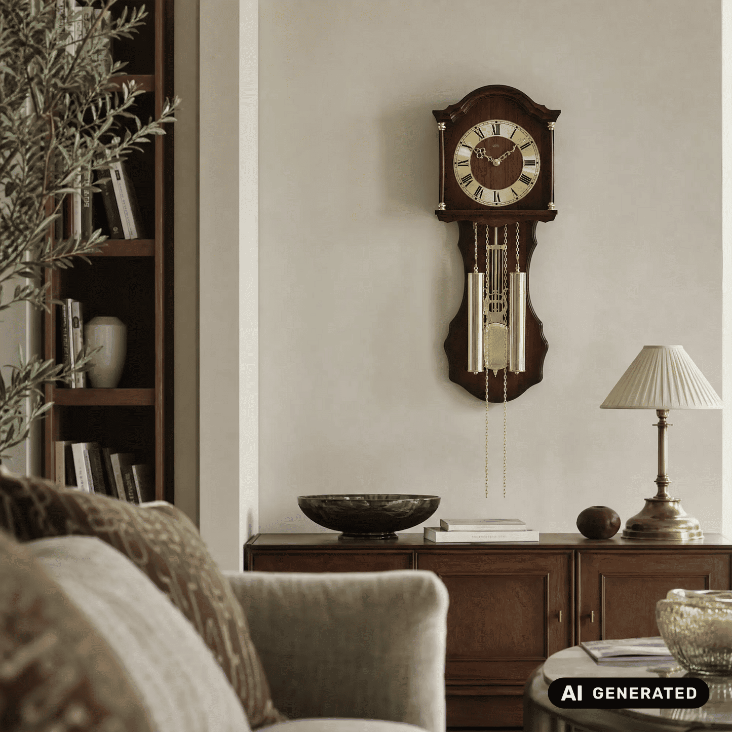 Holz-Wanduhr mit römischen Ziffern und goldenen Pendelketten