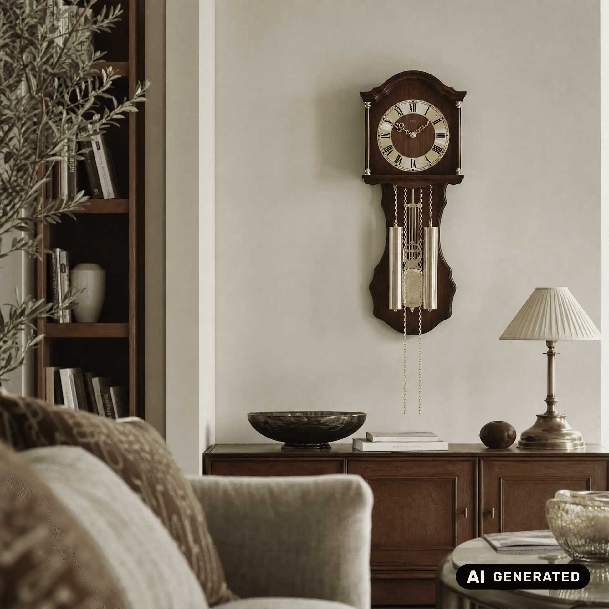 Holz-Wanduhr mit römischen Ziffern und goldenen Pendelketten