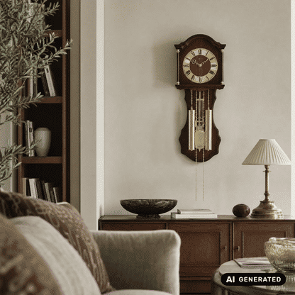 Holz-Wanduhr mit römischen Ziffern und goldenen Pendelketten