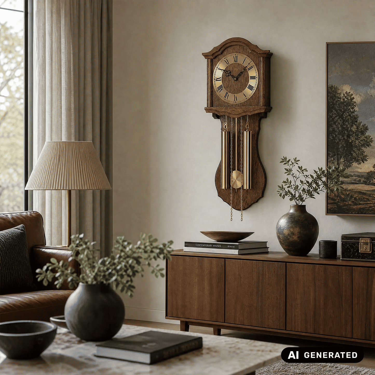 Holz-Wanduhr an der Wand mit römischem Zifferblatt und herabhängenden Pendelketten
