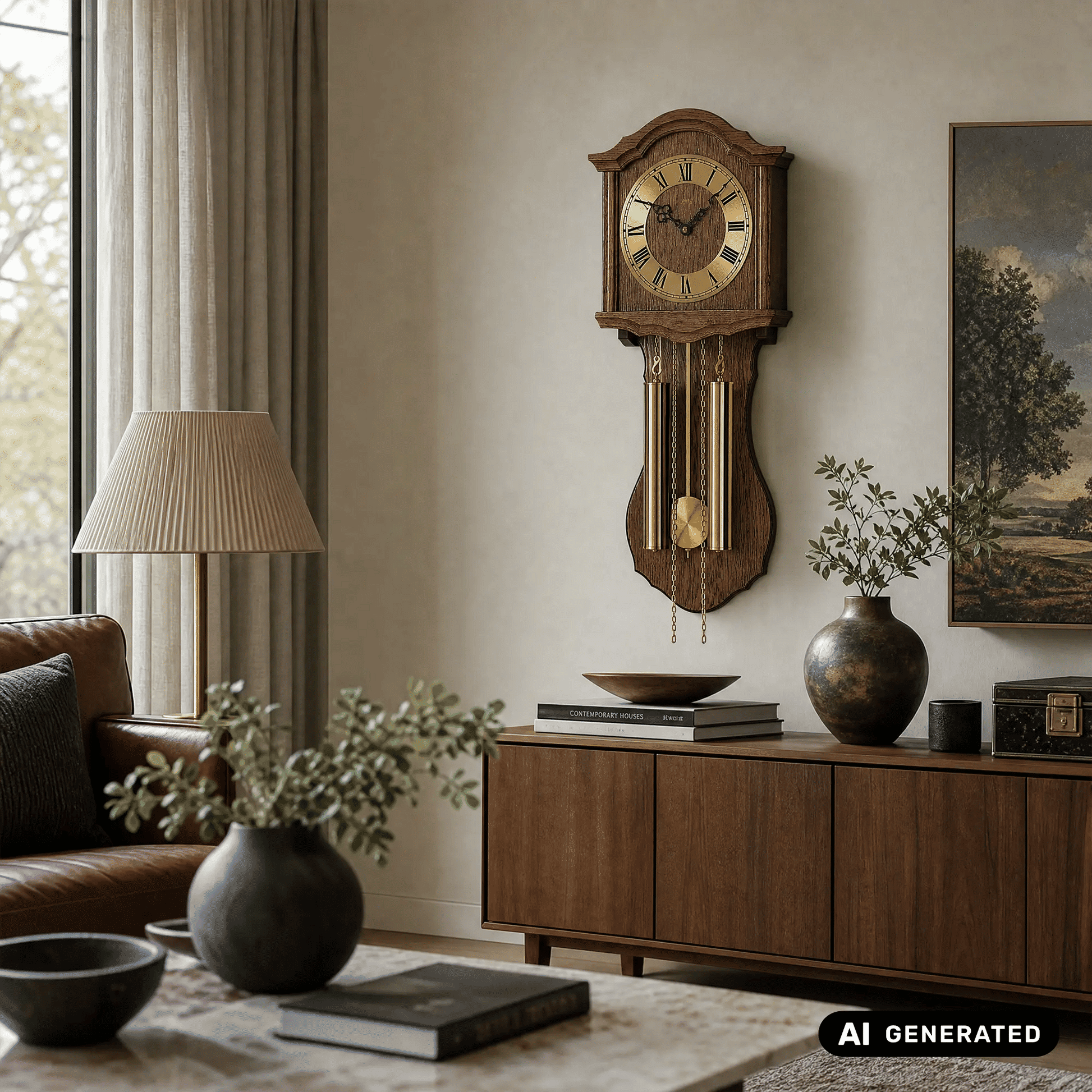 Holz-Wanduhr an der Wand mit römischem Zifferblatt und herabhängenden Pendelketten