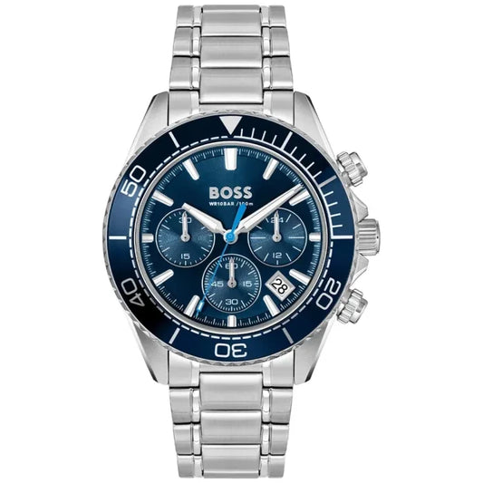 BOSS Herren-Chronographenarmbanduhr mit blauem Zifferblatt, Edelstahlgehäuse und -band