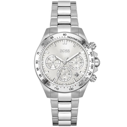 Edelstahl-Armbanduhr mit Chronographenzifferblatt, Tachymeterskala und silbernem Band