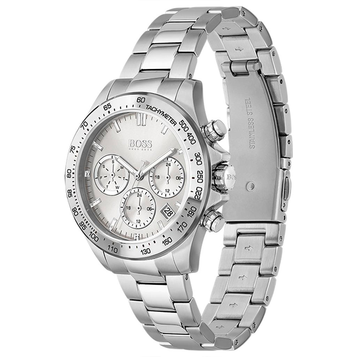 Edelstahl-Armbanduhr im Profil mit Drückern und Chronographenzifferblatt
