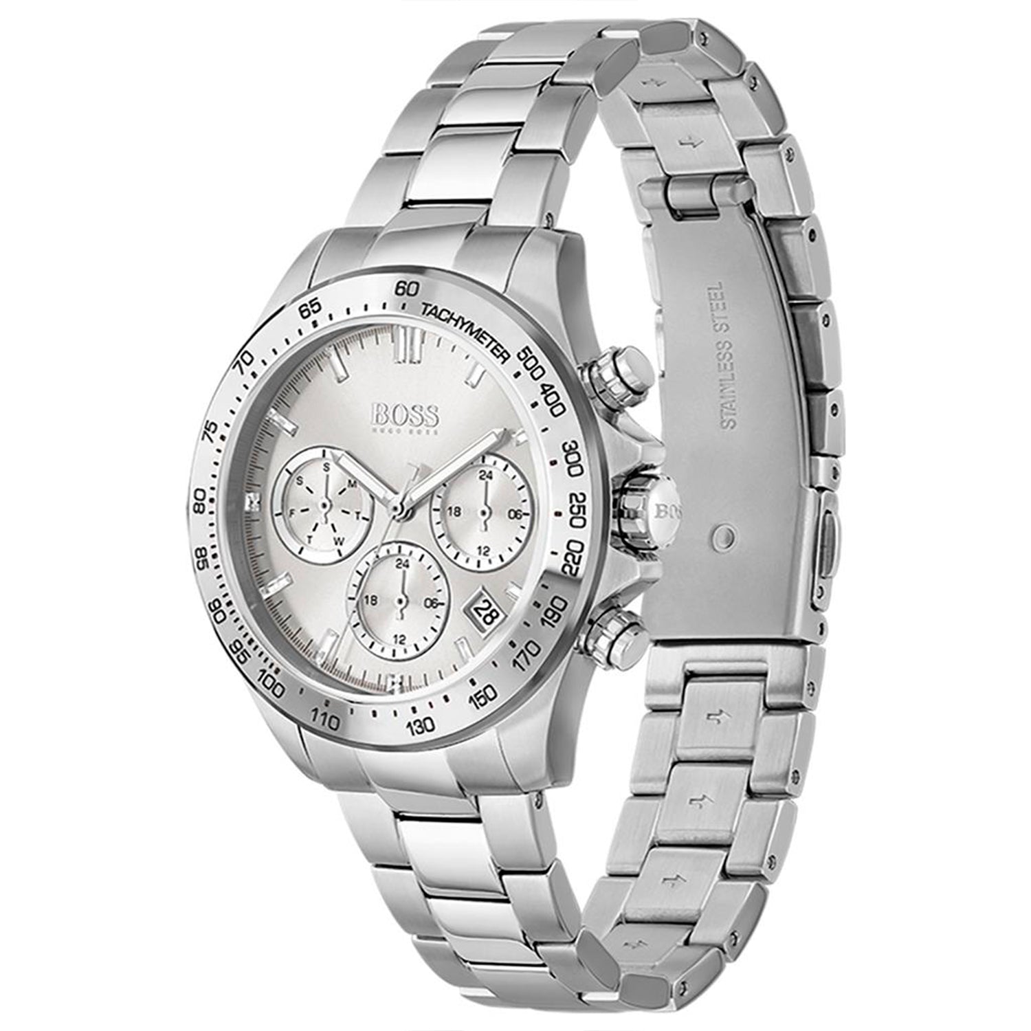 Edelstahl-Armbanduhr im Profil mit Drückern und Chronographenzifferblatt