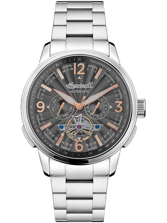 Herrenuhr mit silbernem Edelstahlband, schwarzem Zifferblatt und sichtbarem Werk