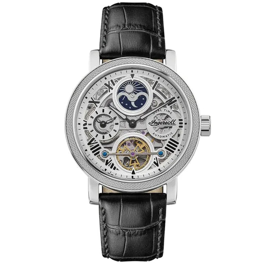 Herren-Armbanduhr mit Skelett-Automatikwerk, Mondphasenanzeige, schwarzem Lederband