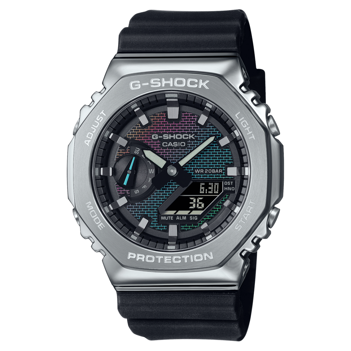 Casio G-Shock GM-2100RW-1AER Herrenuhr • Regenbogen-Zifferblatmuster • Edelstahllünette