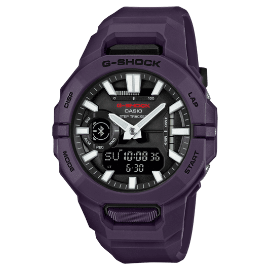 Lila G-Shock Herrenarmbanduhr mit analogen Zeigern und digitaler Anzeige im Zifferblatt