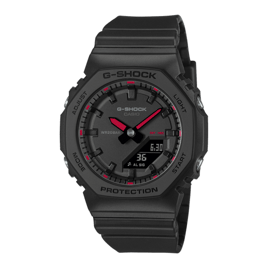 Schwarze Damen-Armbanduhr aus Resin mit G-Shock Zifferblatt, roten Akzenten und Datum.