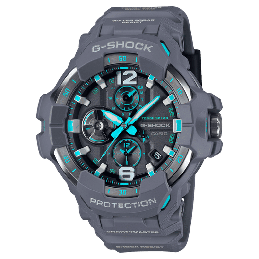 Casio G-SHOCK Herrenuhr mit dunklem Gehäuse, blau-grünen Markierungen und 3 Zifferblättern