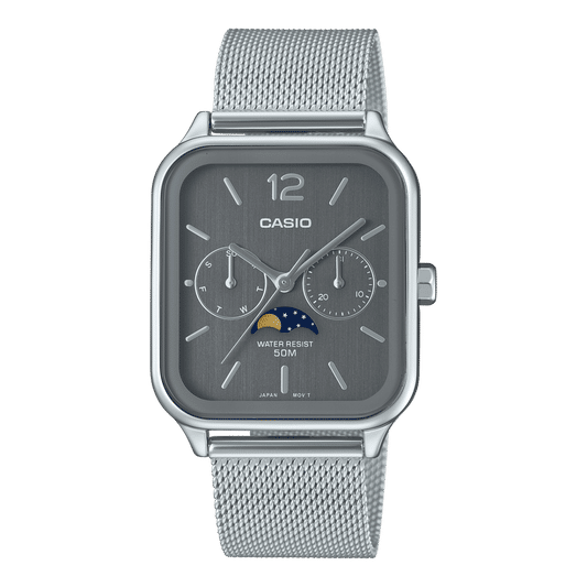 Casio Herrenuhr mit silbernem Edelstahlband, viereckigem Gehäuse und Mondphasen-Zifferblatt