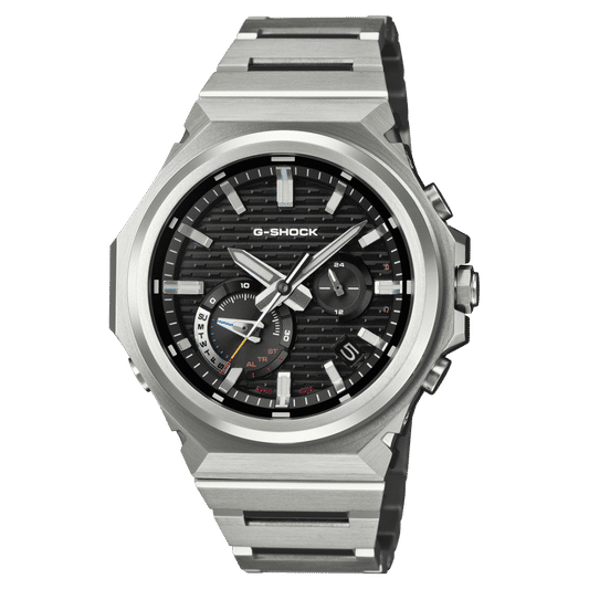 Casio G-Shock Herrenuhr mit schwarzem Ziffernblatt und silberfarbenem Metallarmband