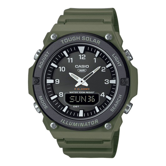 Casio Vintage Armbanduhr mit grünem Kautschukband und schwarzem Zifferblatt, Digitaldatum
