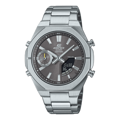 Casio Edifice Herrenuhr mit silbernem Edelstahlarmband, analogem schwarzem Zifferblatt
