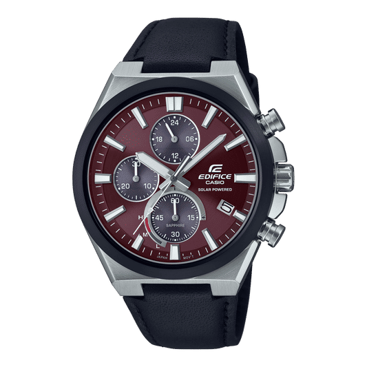 Casio Edifice Herrenuhr mit dunkelrotem Zifferblatt, Chronograph und Lederarmband