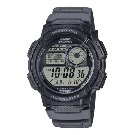 Casio Vintage Armbanduhr mit dunklem Kunststoffarmband, Digitaldisplay und Weltzeit