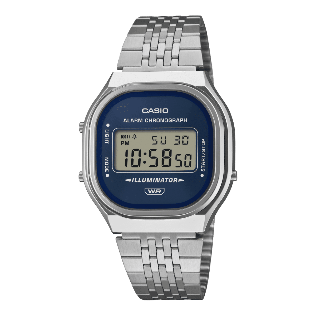 Casio Vintage A140WE-2AEF Armbanduhr Silber • Digitales Zifferblatt mit Sunray-Finish • Retro-Metall-Armband