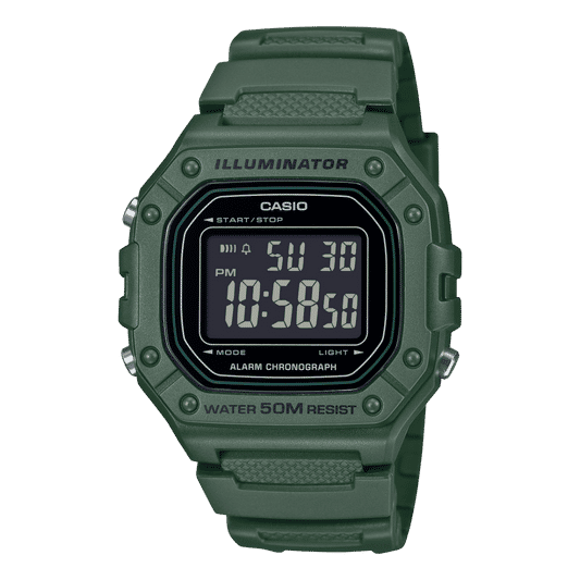 Casio Digitaluhr mit dunkelgrünem Kunststoffarmband, Digitalanzeige und Stoppuhr-Layout