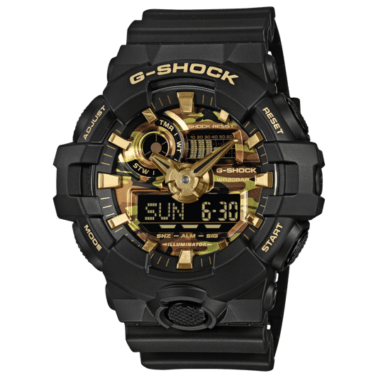Herrenarmbanduhr: schwarzes Silikonband, goldfarbenes Camouflage-Dial mit Digitalanzeige