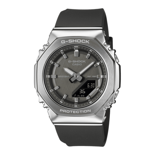 Damen-G-Shock-Armbanduhr mit silberner Metalllünette, grauem Zifferblatt und schwarzem Harzband