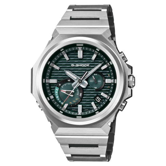 Casio G-Shock Herrenarmbanduhr mit grünem Zifferblatt und silbernem Metallarmband