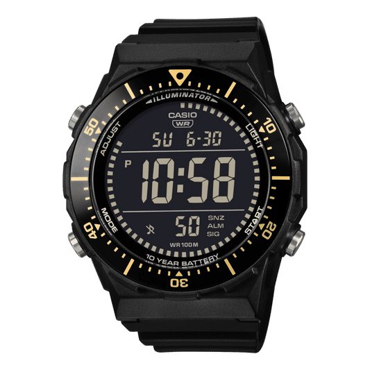 Schwarze Casio Digitalarmbanduhr mit gelb-orangem Lünette und beleuchteter LED-Ziffernanzeige