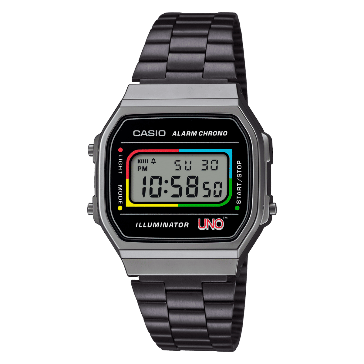 Casio A168WEUC-1AER Vintage Unisex Armbanduhr • UNO Special Edition • EL-Hintergrundbeleuchtung
