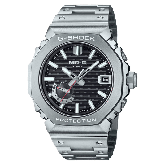 Herrenuhr mit silberfarbenem Titanarmband, schwarzem Zifferblatt und Zeitanzeige