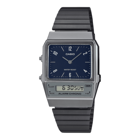 Casio Herrenuhr mit blauem Zifferblatt und grauem Band, analog-digital, Retro