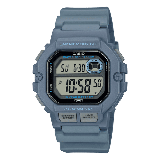 Casio Herrenarmbanduhr mit digitalem Display, graues Armband, Drucktasten