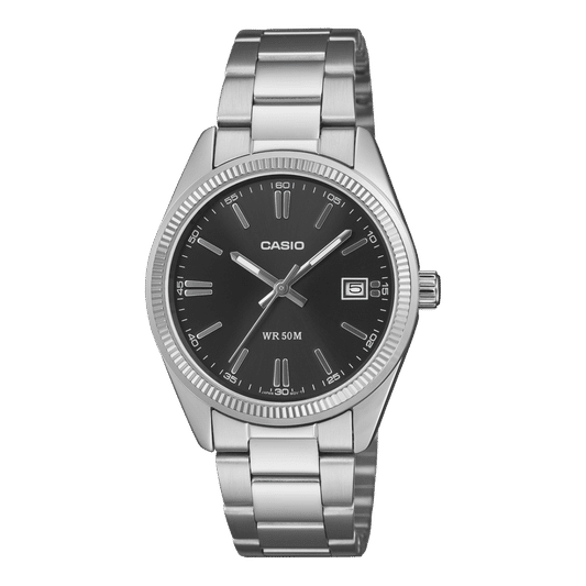 Casio Armbanduhr mit schwarzem Zifferblatt, Edelstahlband und Datumsanzeige