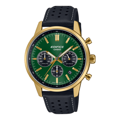 Casio Edifice Chronographenarmbanduhr: grünes Zifferblatt, Lederband, goldfarb. Gehäuse
