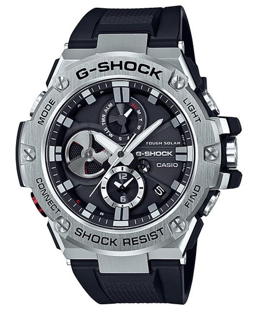 Herren-G-Shock Uhr: Edelstahlgehäuse, schwarzes Silikonarmband, Chronographen-Zifferblatt