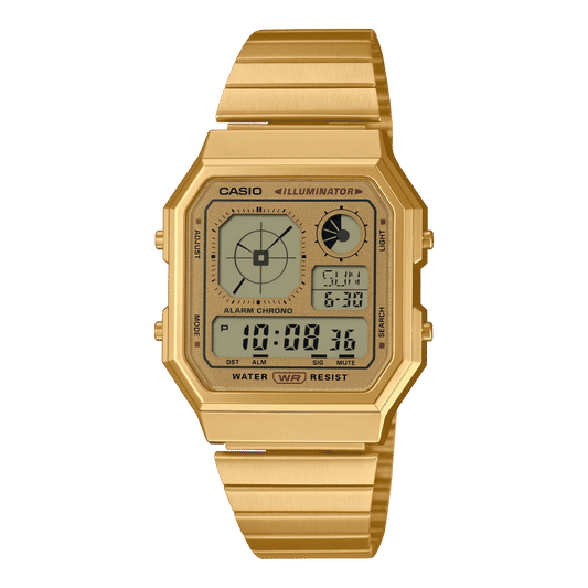 Casio Armbanduhr in Gold mit Metallband, LCD-Display und Analoganzeigen im Zifferblatt