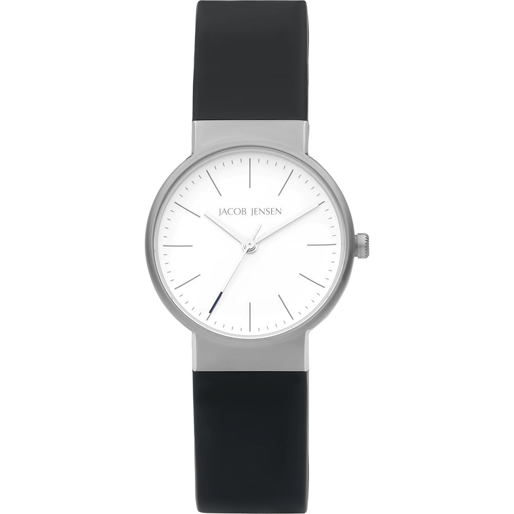 Herrenarmbanduhr Jacob Jensen mit silbernem Gehäuse, weißem Zifferblatt und schwarzem Armband