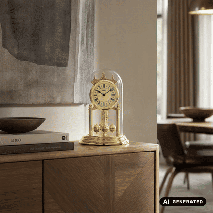 Goldfarbene Standuhr mit geschwungener Aufsatzkrone, Glasdom und Zifferblatt