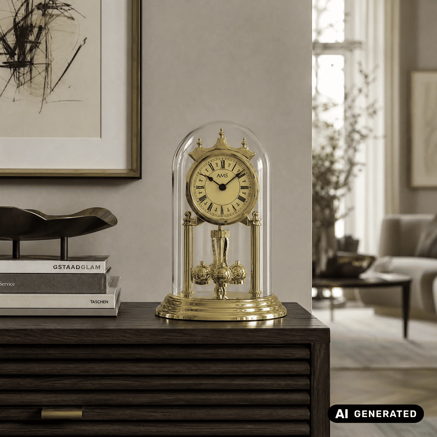 Goldfarbene Standuhr mit Glasdom, Zierstützen und rundem Zifferblatt