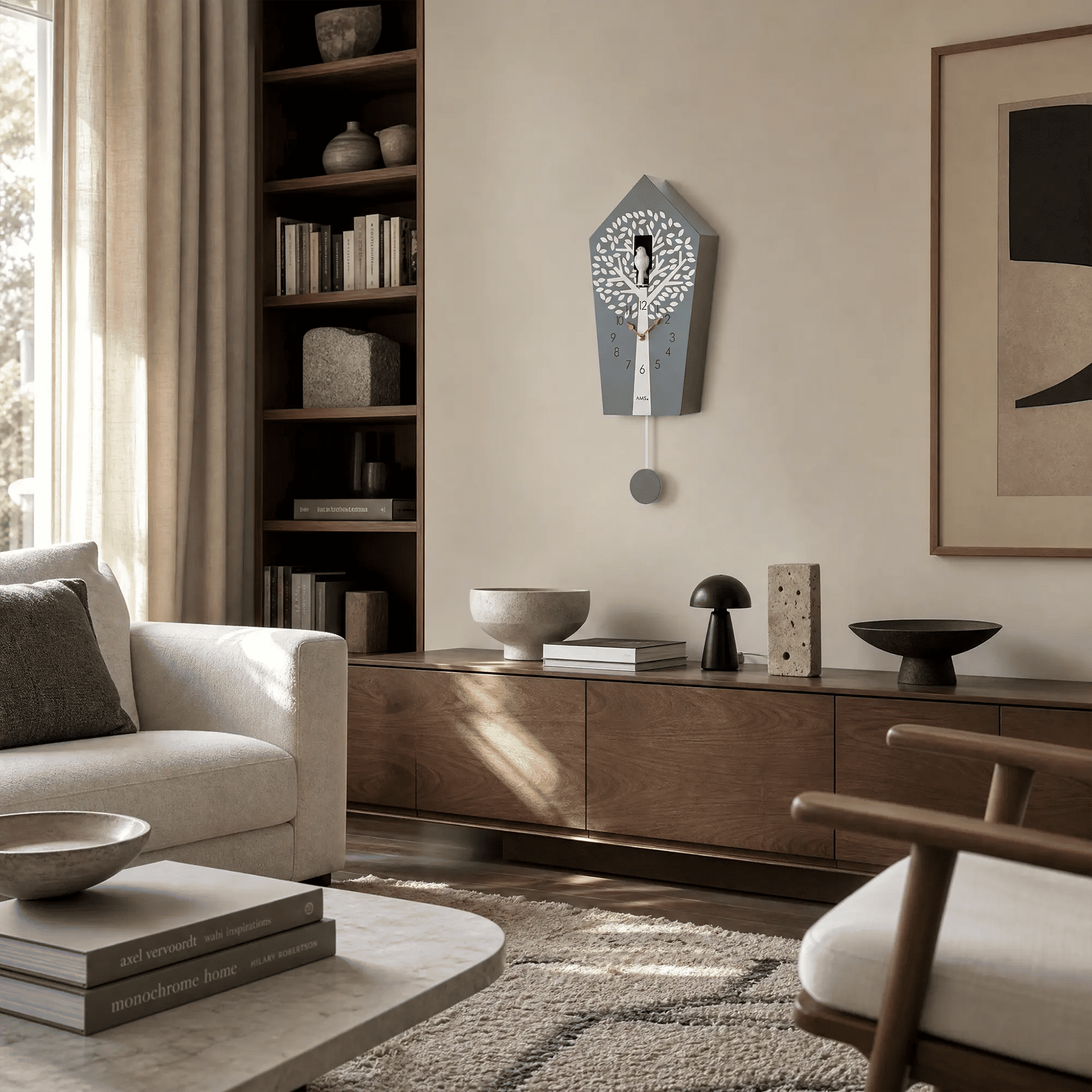 Anthrazitfarbene Wanduhr mit Baumblatt-Dekor, Kuckucksfigur und Pendelgewicht