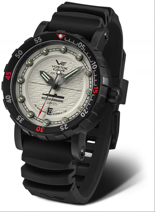 Men's watch with black silicone strap and round case, light grey dial