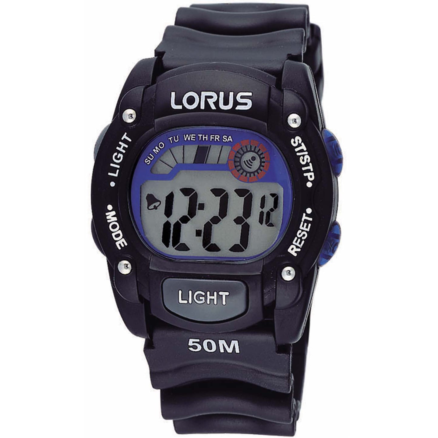 Digitale Kinder-Armbanduhr mit schwarzem Silikonarmband, Digitalanzeige und LIGHT-Taste, 50M