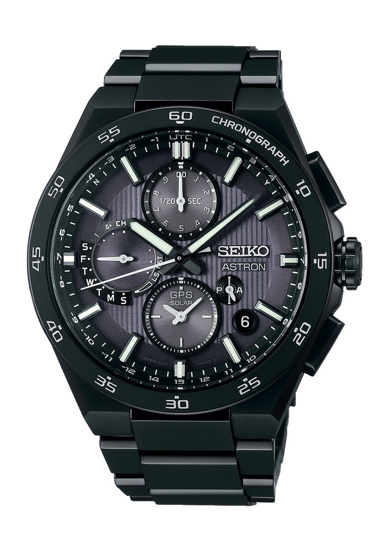 Seiko Astron SSH023 GPS Solar Dual-Time Chronograph Herrenuhr Schwarz • GPS-Solarwerk Kaliber 5X63 • Saphirglas