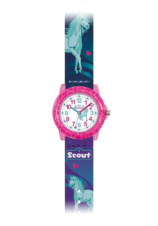 Scout Kinderuhr Einhorn und Eule 305048 Mädchen • Transparentes Glitzer-Gehäuse • Mineralglas