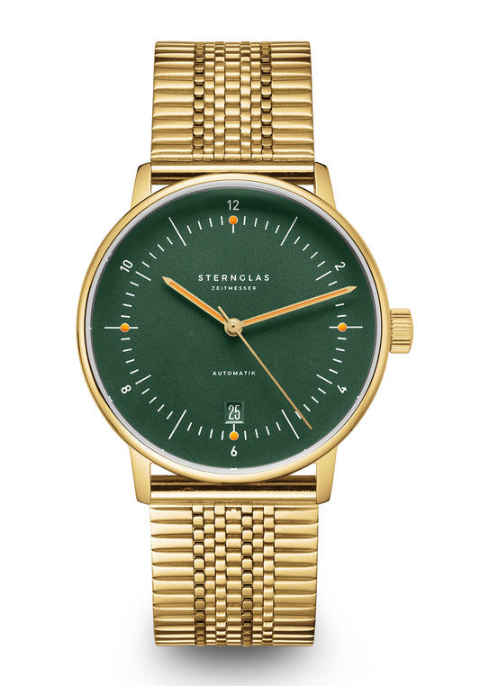 Sternglas Naos Automatik 38mm Herren • Bauhaus-Automatikuhr in Gold • Gewölbtes Saphirglas