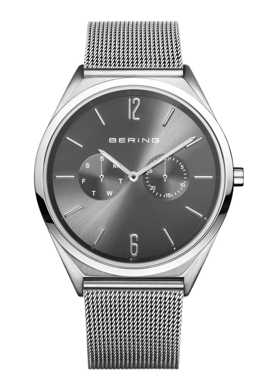 Herren-Uhr Bering: silbernes Gehäuse, dunkles Zifferblatt, Mesh-Armband