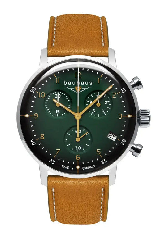 Herren-Armbanduhr: grünes Chronographenzifferblatt, braunes Lederarmband, silbernes Gehäuse