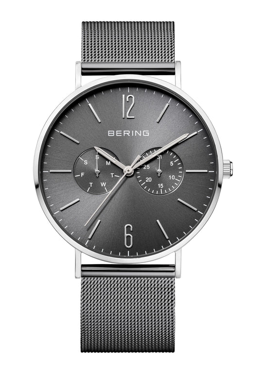 BERING Herrenarmbanduhr mit dunklem Zifferblatt und Metallgliederband, runde Lünette