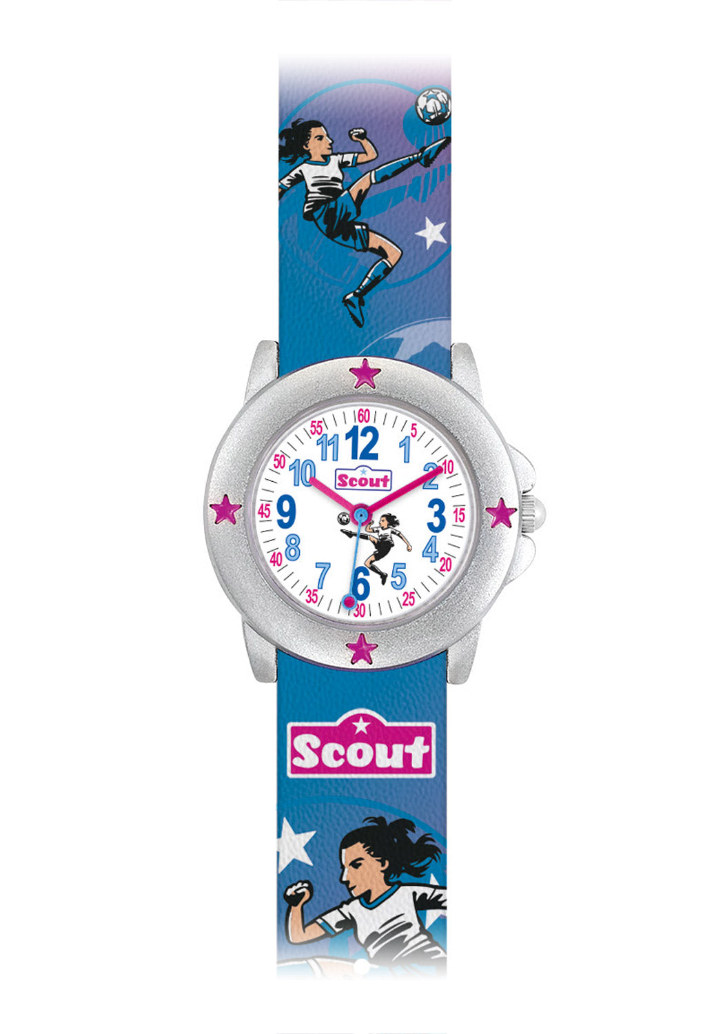 Scout Girls Team 280393035 Mädchen Armbanduhr Blau-Pink • Fußball-Motiv • Mineralglas