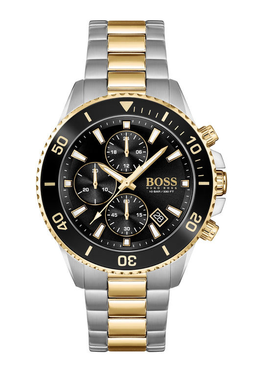 BOSS Admiral Herren-Chronograph mit zweifarbigem Edelstahlband und schwarzem Zifferblatt